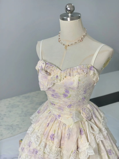 Beautiful Spaghetti Straps Lilac Print Floral A Line Graduation Homecoming Dress Short Prom Dress S967
