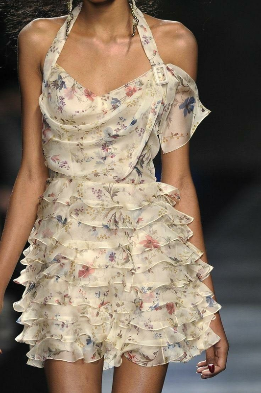 Pretty Halter Chiffon Print Floral Ruffles Short 9th Grade Homecoming Dress,White Mini Birthday Dress D3264