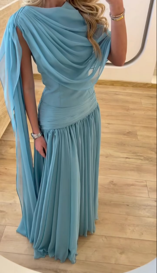 Classy Blue Chiffon Pleated A Line Long Party Dress Birthday Evening Dress D4930