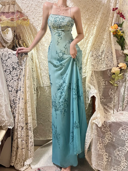Gorgeous Spaghetti Straps Omber Blue Chiffon Beaded Mermaid Long Party Dress Evening Gown D21118