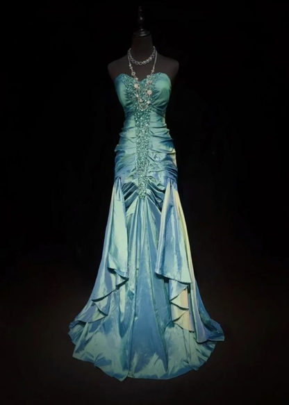 Fashion Sweetheart Neck Green Satin Pleated Beaded Mermaid Long Party Dress Evening Dress D4791