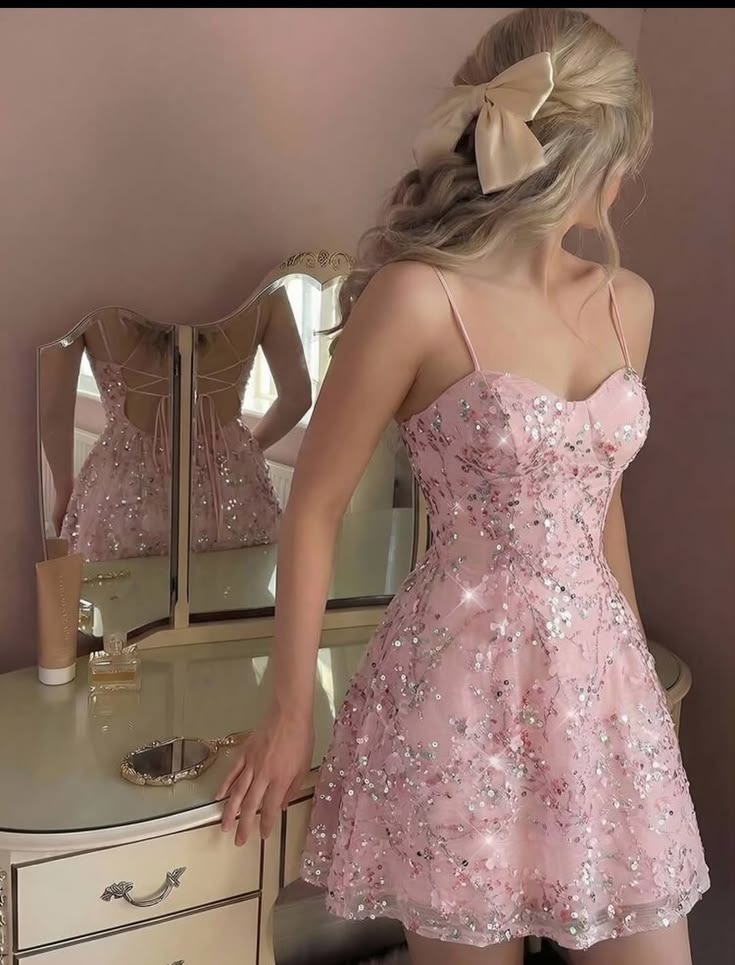 Elegant Spaghetti Straps Tulle Sequin A Line Short 16th Birthday Outfits,Pink Homecoming Dress D3037