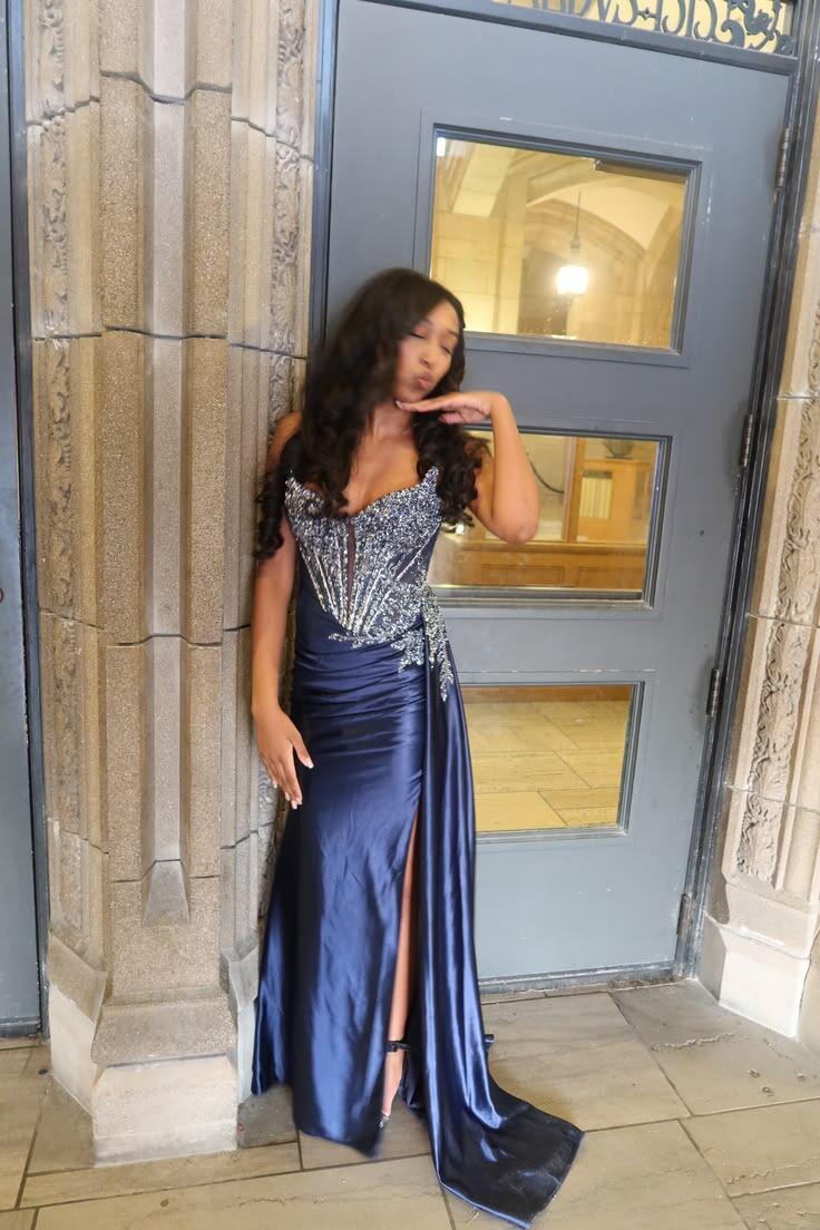 Sexy Strapless Satin Beaded Party Dress Navy Blue Slit Mermaid Long Evening Dresses D5199