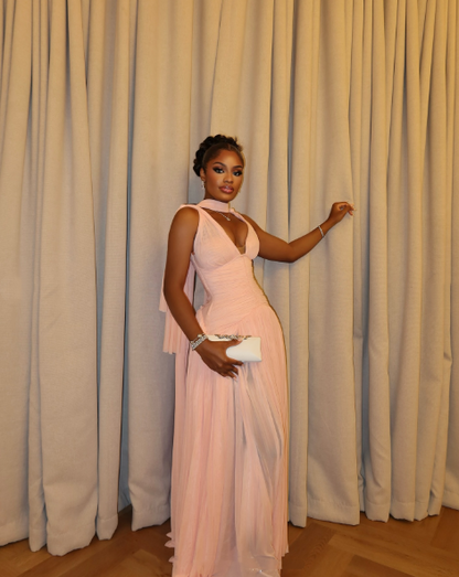 Stylish Pink Chiffon Pleated A Line Long Wedding Guest Dress Evening Dress With Ribbon D1363