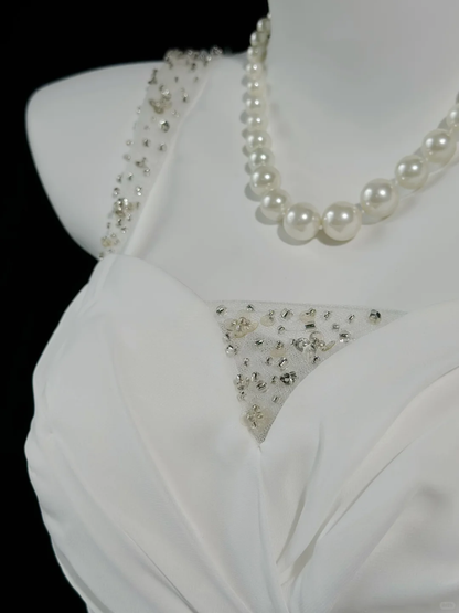 Pretty Spaghetti Straps White Chiffon Beaded A Line Long Evening Dress Birthday Prom Dress D2512