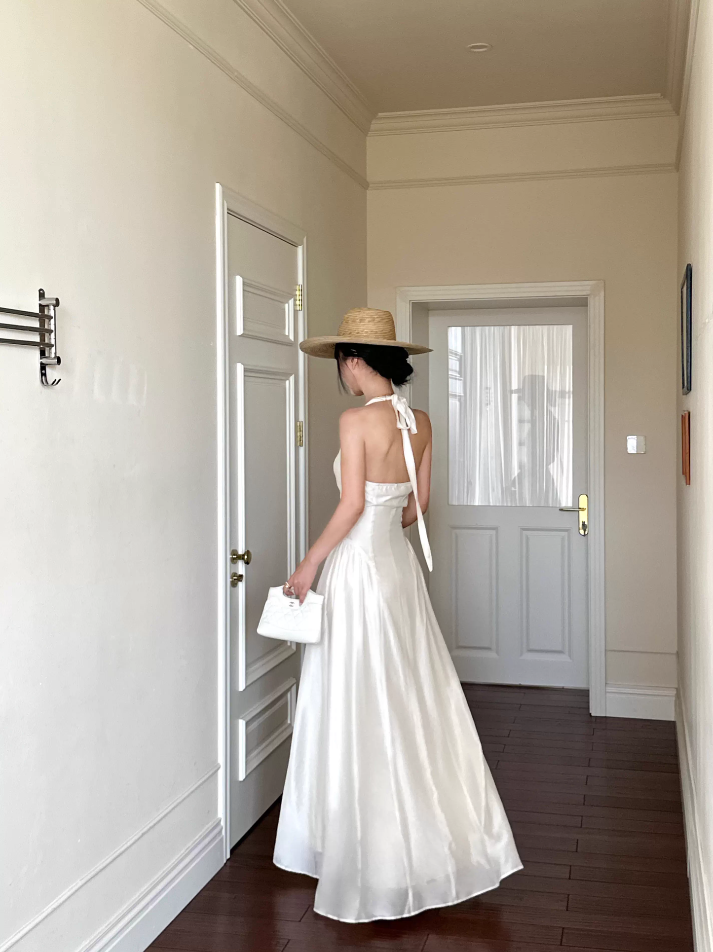 Sexy Halter V Neck White A Line Long Party Dress Formal Evening Gown D2121