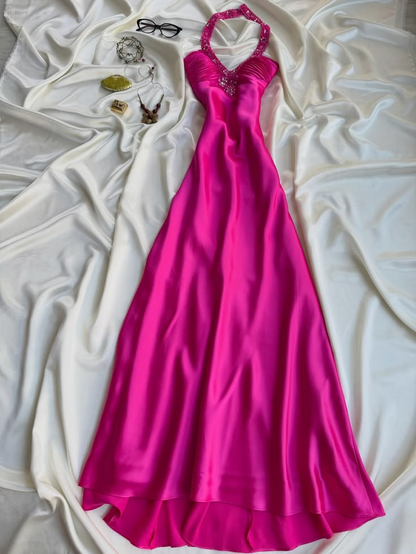 Charming Hot Pink Halter Satin Beaded Mermaid Long Wedding Guest Dress,Formal Birthday Party Dress D3850