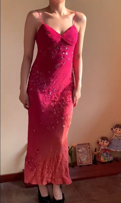Gorgeous Ombre Rose Pink Halter V-neck Beaded Chiffon Mermaid Long Prom Dress Evening Dress D5406