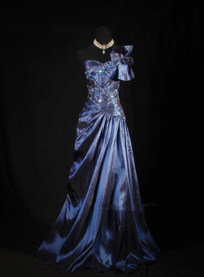 Elegant One Shoulder Satin Pleated Beaded Mermaid Evening Dress Navy Blue Long Party Dress D2225