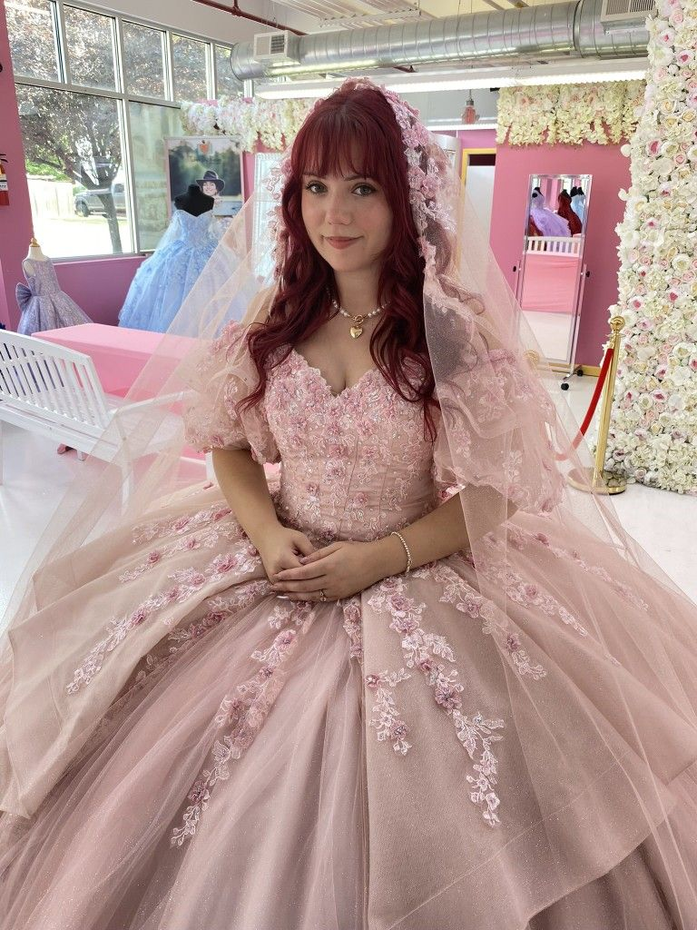 Charming Pink V Neck Tulle Sequin Lace Applique Ball Gown Quinceanera Dress D1008