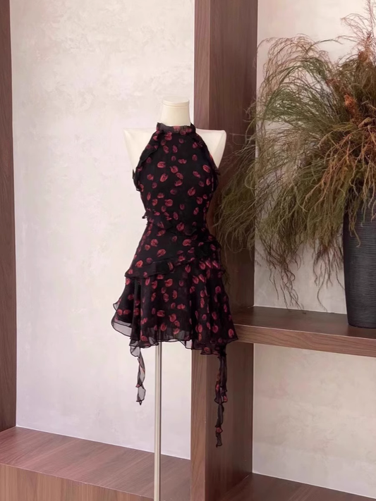 Burgundy Print Floral Chiffon Sleeves Short Holiday Dress Party Dress S245