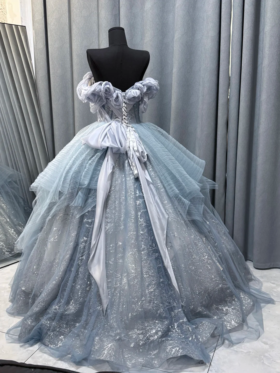 Fairy Off The Sholder Blue Tulle Sequin Beadded Birthday Quinceanera Dress Sweet 16 Dress D2473