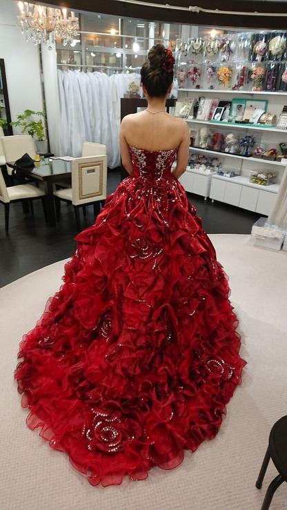 Vintage Strapless Burgundy Satin Pleated Beaded Ball Gown Sweet 16 Dress D928