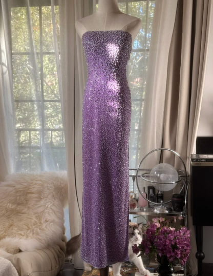 Glamorous Strapless Purple Chiffon Beaded Sheath Slit Prom Dress Long Party Gown D2297