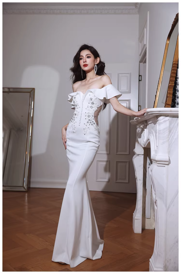 Elegant Off The Shoulder White Satin Appliques Mermaid Evening Dress Long Wedding Guest Dress D2430