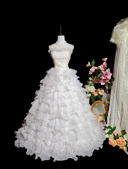 Glamorous Strapless Beaded White Chiffon Ruffles Layered Long Wedding Dress Formal Bridal Gowns D2367