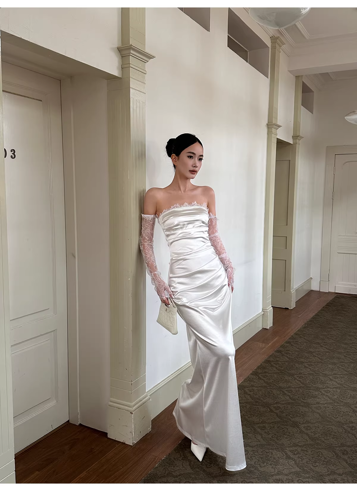 Classy White Off The Shoulder Satin Lace Mermaid Long Wedding Guest Dress Formal Evening Dress Prom Gown D2126