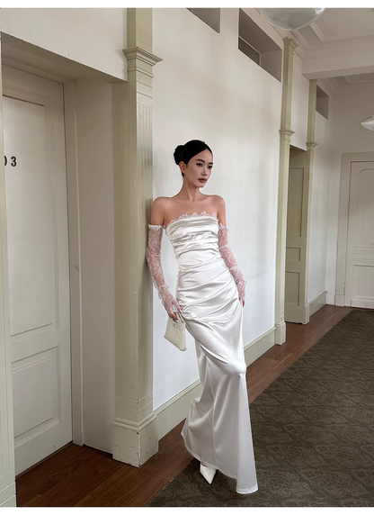 Classy White Off The Shoulder Satin Lace Mermaid Long Wedding Guest Dress Formal Evening Dress Prom Gown D2126