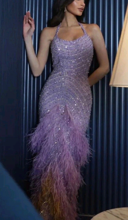 Glamorous Purple Halter Sequin Beaded Feathers Evening Dress Mermaid Long Party Gown D875