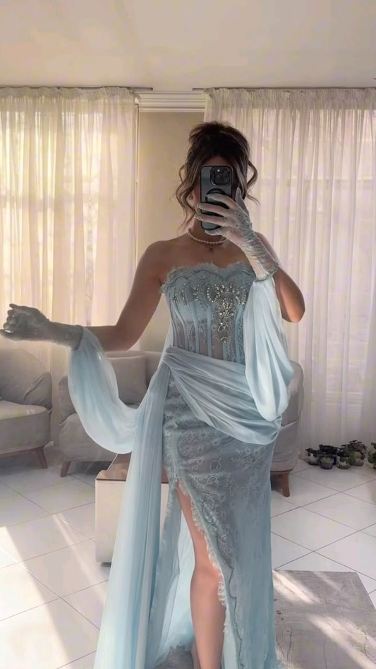 Pretty Blue Chiffon Lace Beaded Slit Mermaid Evening Dress Strapless Long Party Gown D4619