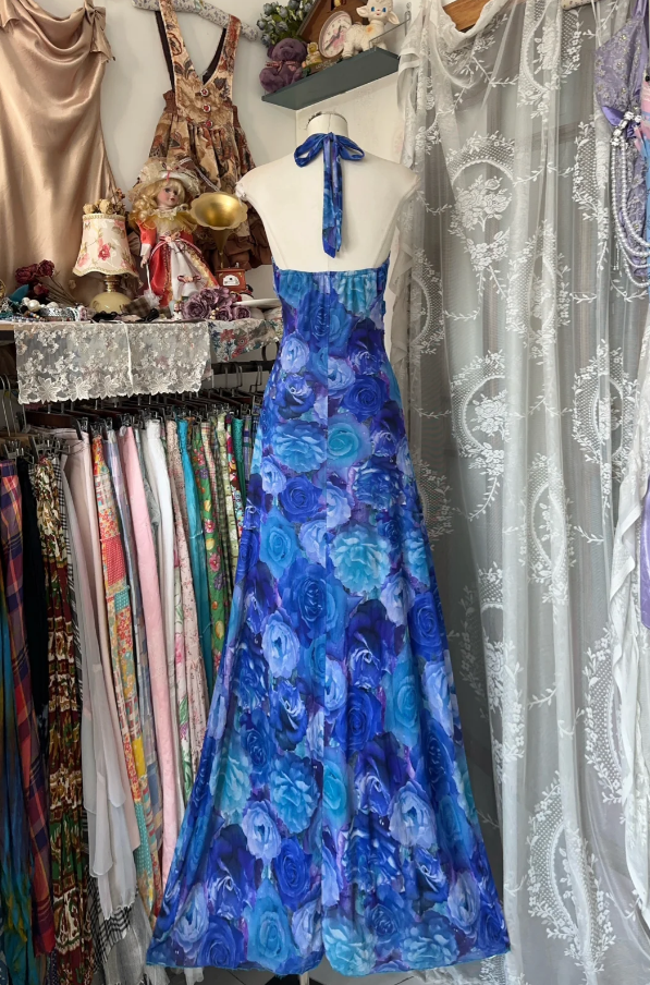 Unique Halter V Neck Blue Print Floral Mermaid Long Evening Dress Birthday Prom Gown D1618