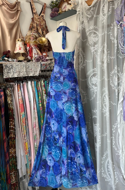 Unique Halter V Neck Blue Print Floral Mermaid Long Evening Dress Birthday Prom Gown D1618