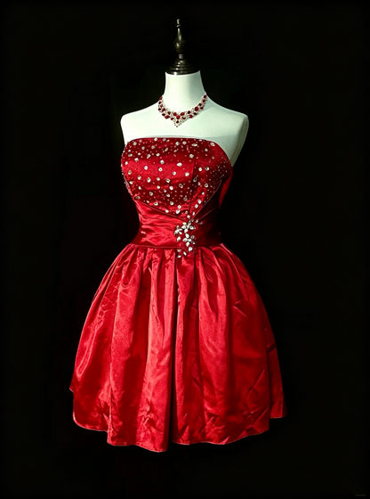 Pretty Strapless Satin Beaded A Line Mini Birthday Prom Dress,Red Short Graduation Homecoming Dress D4077