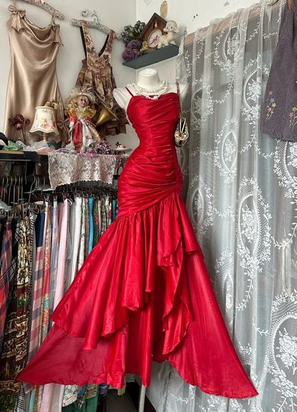 Beautiful Red Spaghetti Straps Satin Pleated Ruffles Mermaid Long Birthday Dress Party Gown D2881