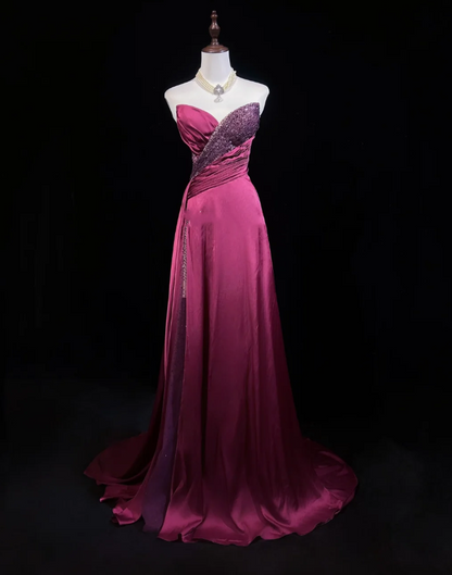 Elegant Strapless Hot Pink Satin Beaded Mermaid Long Wedding Guest Dress Formal Evening Dress D2058