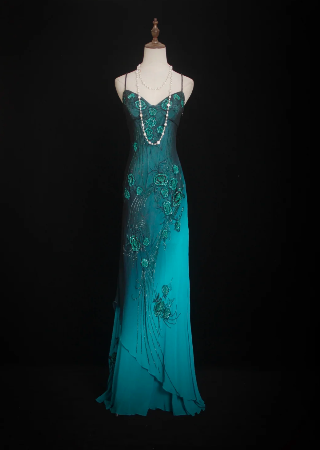 Vintage Spaghetti Straps Ombre Green Chiffon Beaded Evening Dress Mermaid Long Prom Gown D1682