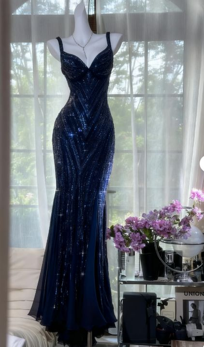 Vintage V Neck Dark Purple Chiffon Sequin Mermaid Long Party Gown Evening Dress D980