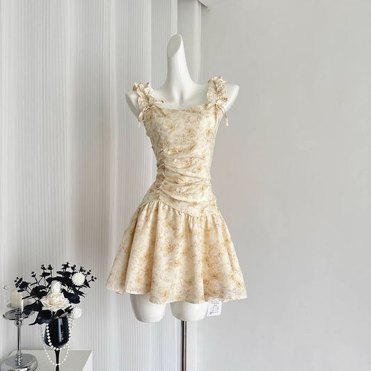 Romantic Floral Short Vacation Dress Yellow Birthday Outfits S290