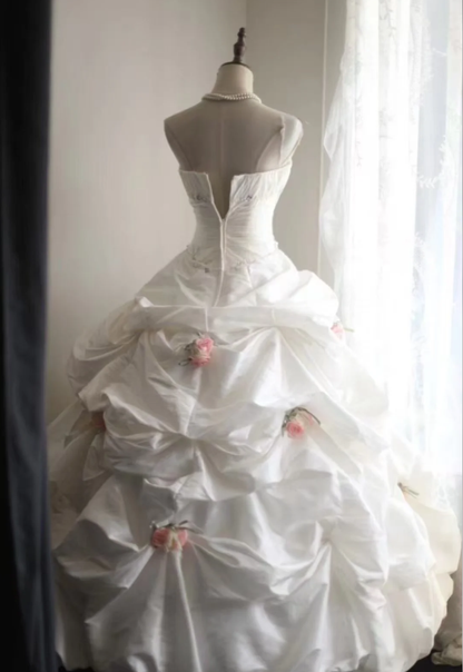 Elegant Strapless Ball Gown White Satin Pleated Floral Long Wedding Dress D2316