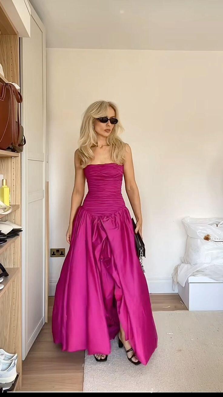 Pretty Strapless Hot Pink Satin Pleated Long Prom Dress Party Gown D3448
