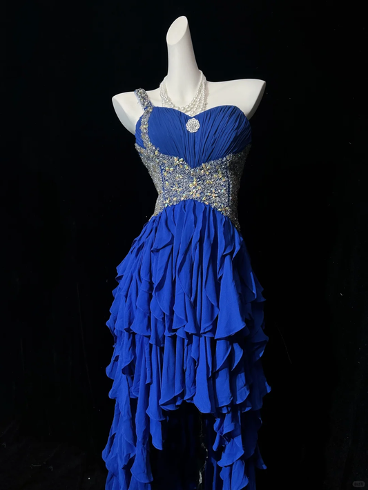 Charming One Shoulder Royal Blue Chiffon Ruffle Beaded Long Prom Dress Evening Gown D3125