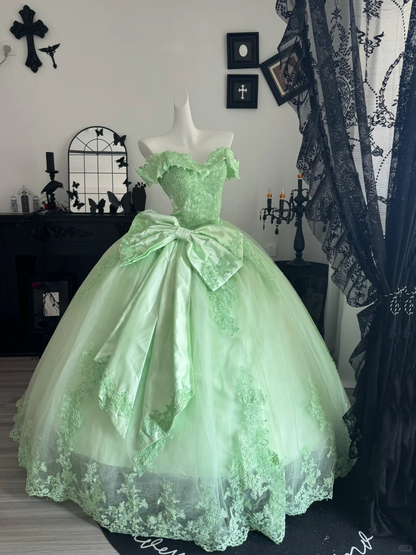 Cute Off The Shoulder Tulle Appliques Sweet 15 Dress,Green Quinceanera Dress With Bow D3722