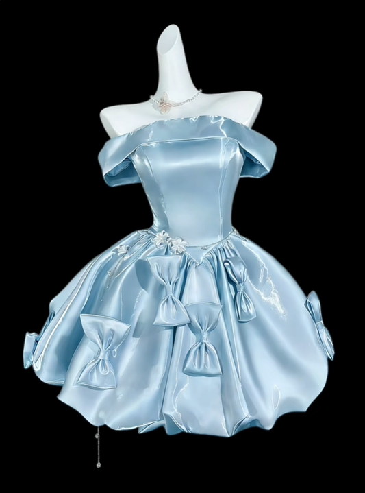 Cute Blue Satin Bow A Line Short 20th Birthday Outfits,Off The Shoulder Mini Party Dress D4209
