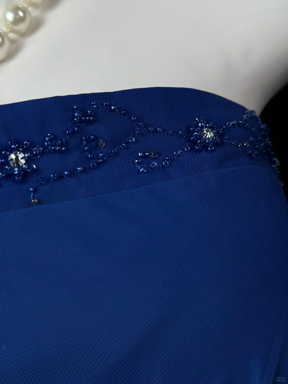 Chic Strapless Satin Beaded Long Wedding Guest Dress Royal Blue Evening Dress Party Dress D2519