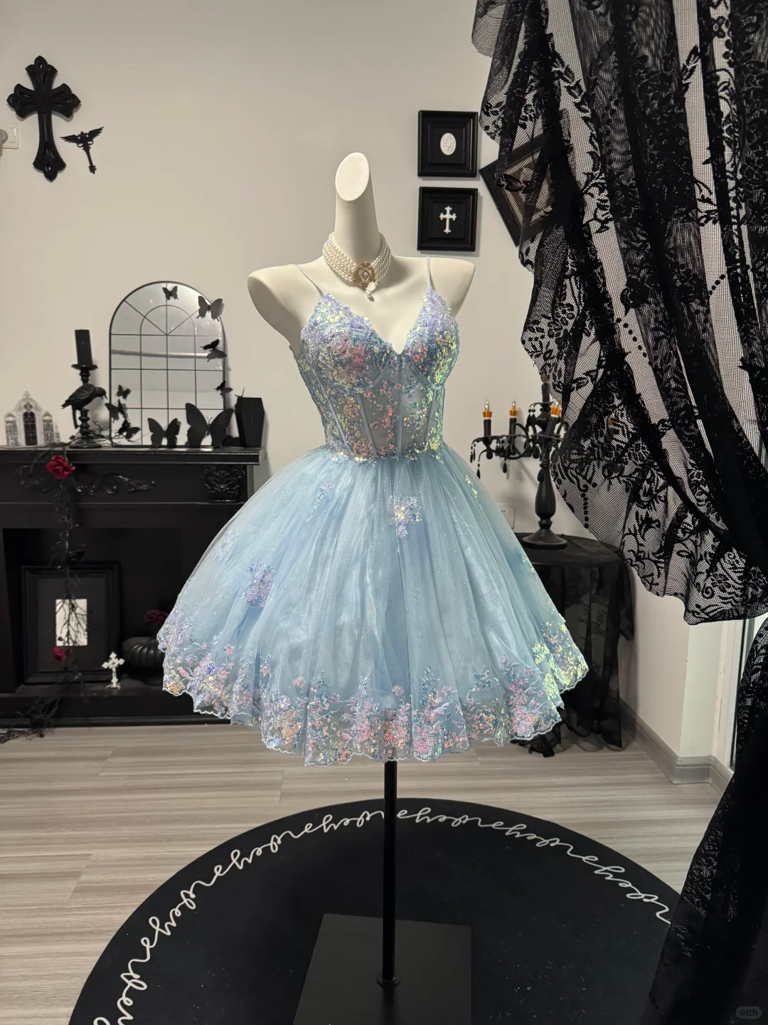 Cute Blue Spaghetti Straps Tulle Sequin Short Graduation Homecoming Dress Birthday Dress D4709