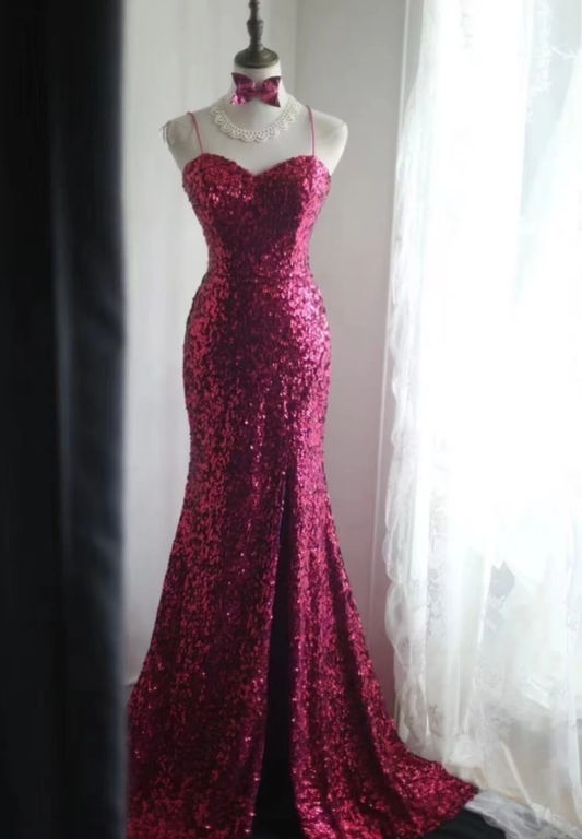 Sparkly Spaghetti Straps Hot Pink Sequin Mermaid Slit Evening Dress Long Wedding Guest Dress D2198