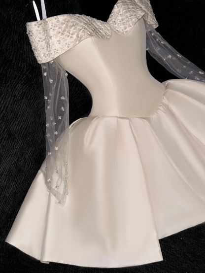 Classy Light Champagne Satin Off The Shoulder Birthday Outfits Homecoming Dress S225