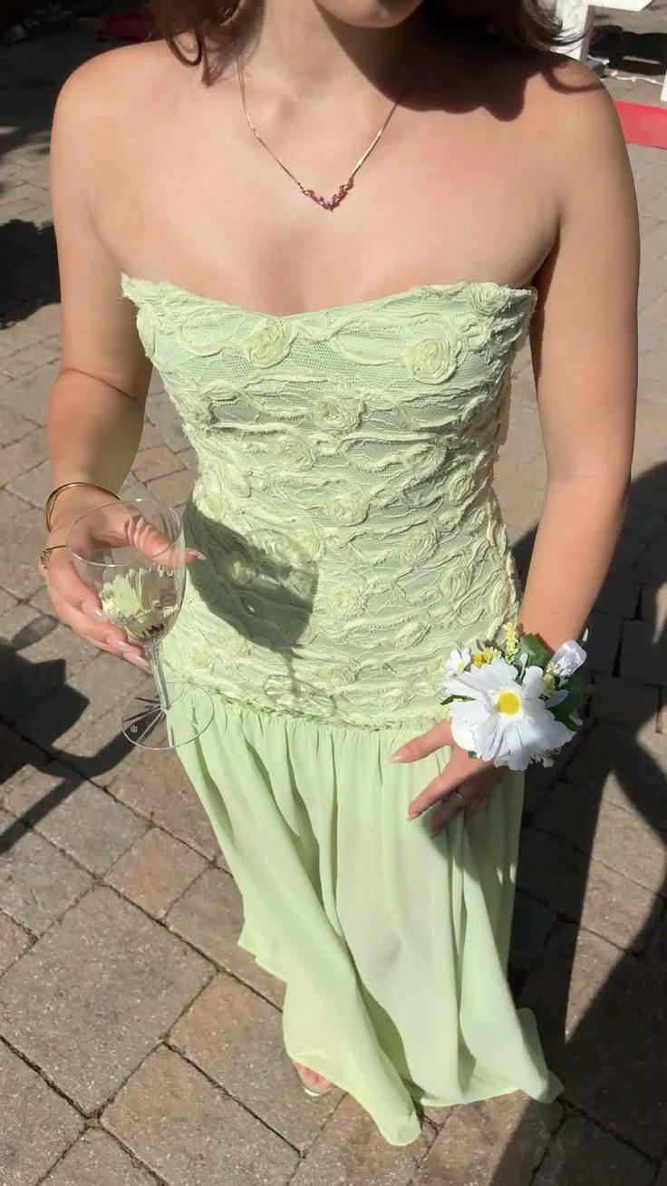 Elegant Light Green Tulle Ruched Floral Chiffon A Line Long Prom Dress Party Gown D3442