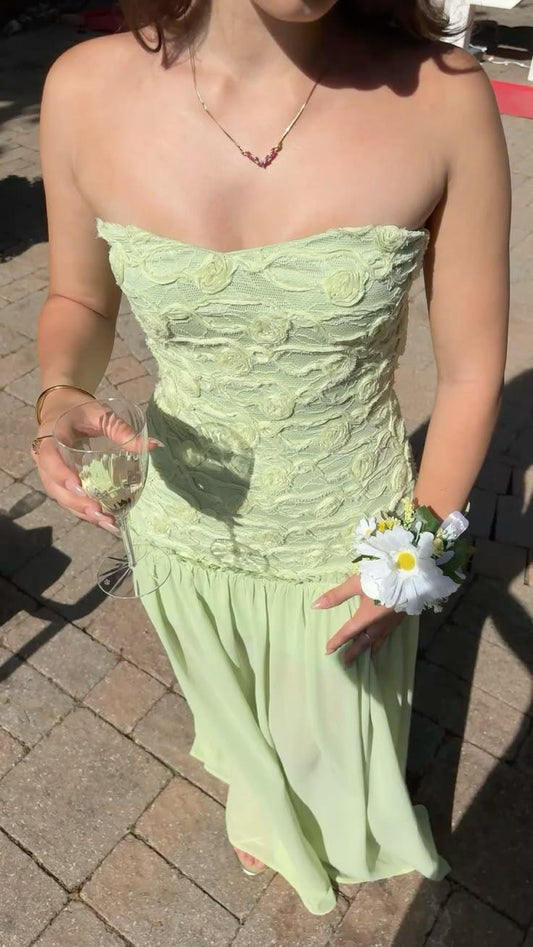 Elegant Light Green Tulle Ruched Floral Chiffon A Line Long Prom Dress Party Gown D3442