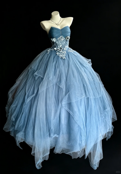 Charming Strapless Blue Tulle Appliques Quinceanera Dress Sweet 15 16 Dress D5272