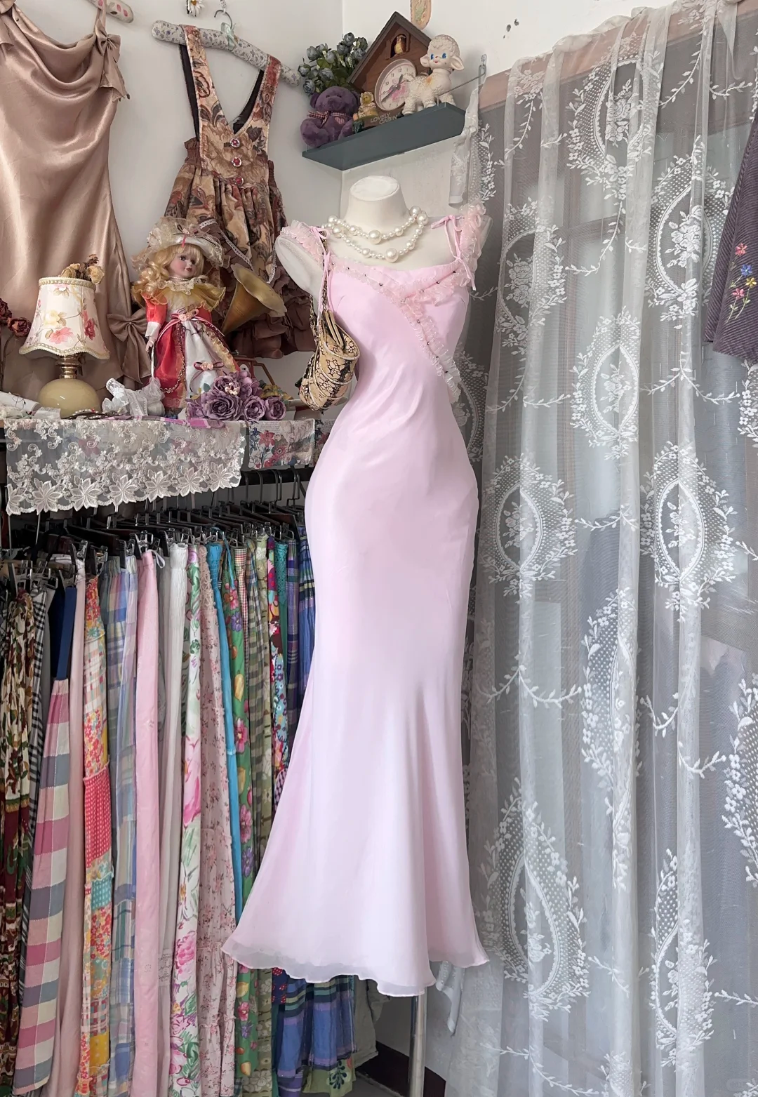 Charming Spaghetti Straps Pink Chiffon Mermaid Long party Dress Evening Gown D3208