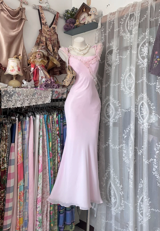 Charming Spaghetti Straps Pink Chiffon Mermaid Long party Dress Evening Gown D3208
