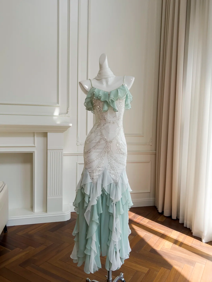 Gorgeous Spaghetti Straps Sequin Beaded Chiffon Ruffles Mermaid Long Prom Dress Party Gown D2943