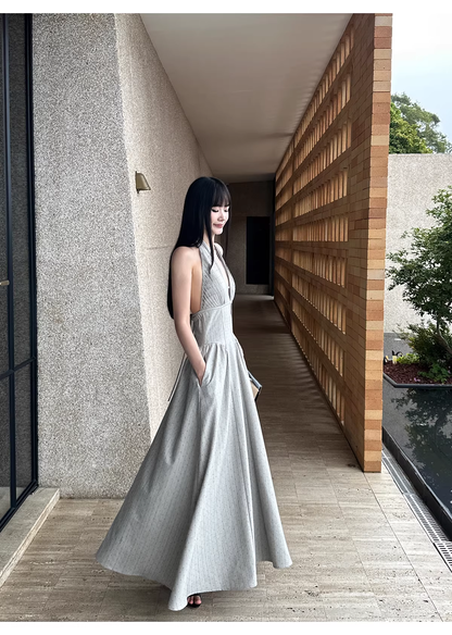 Fashion Halter Gray satin Pleated A Line Long Wedding Guest Dress,Backless Long Evening Dress Prom Gown With Pockets D2085