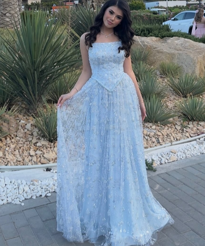 Sparkly Spaghetti Straps Blue Satin Tulle Sequin A Line Long Evening Dress Party Gown D2976