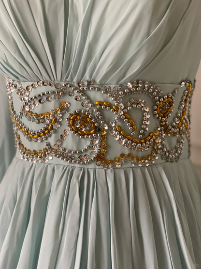 Elegant Blue V Neck Chiffon Beaded Long Evening Dress Prom Gown D3091